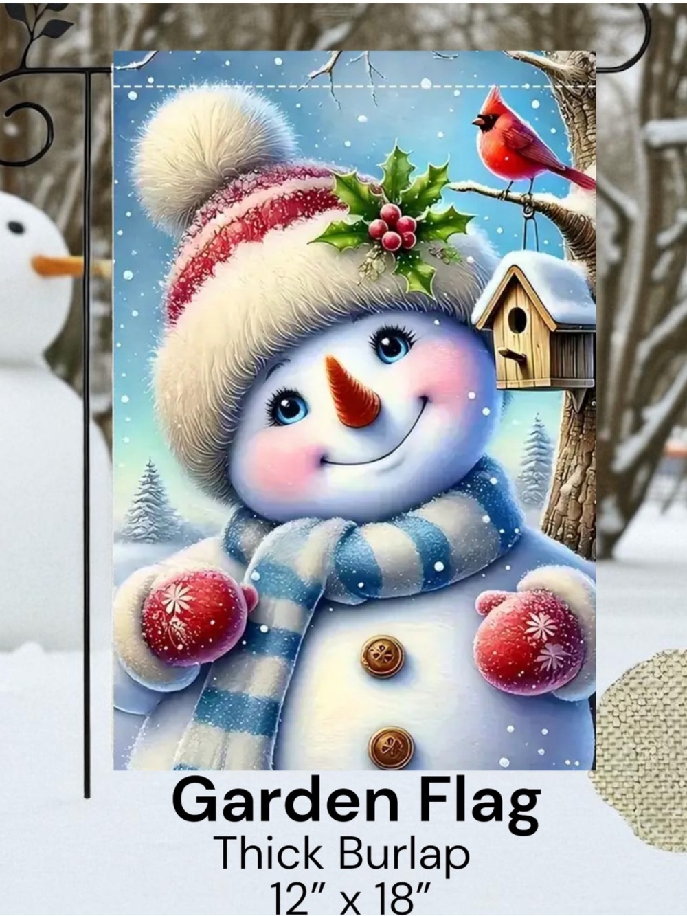 Snowman Cardinal Burlap Garden Flag, double-sided, approx 12”x18”